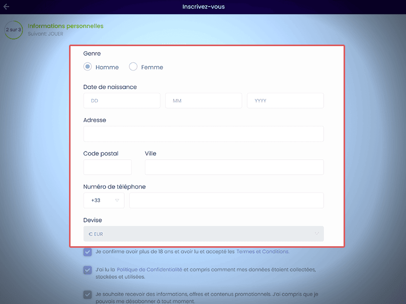 Renseignez les données personnelles