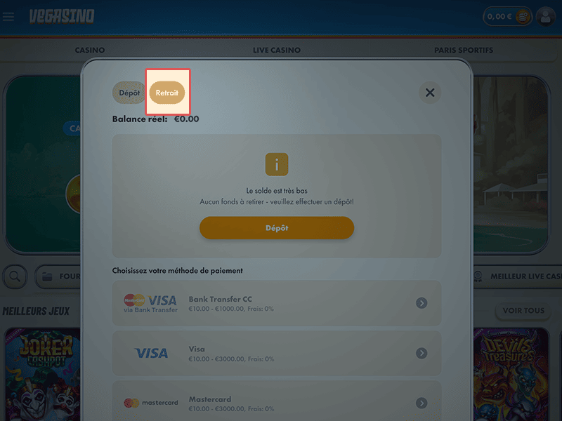 Choisissez l'onglet « Retrait »