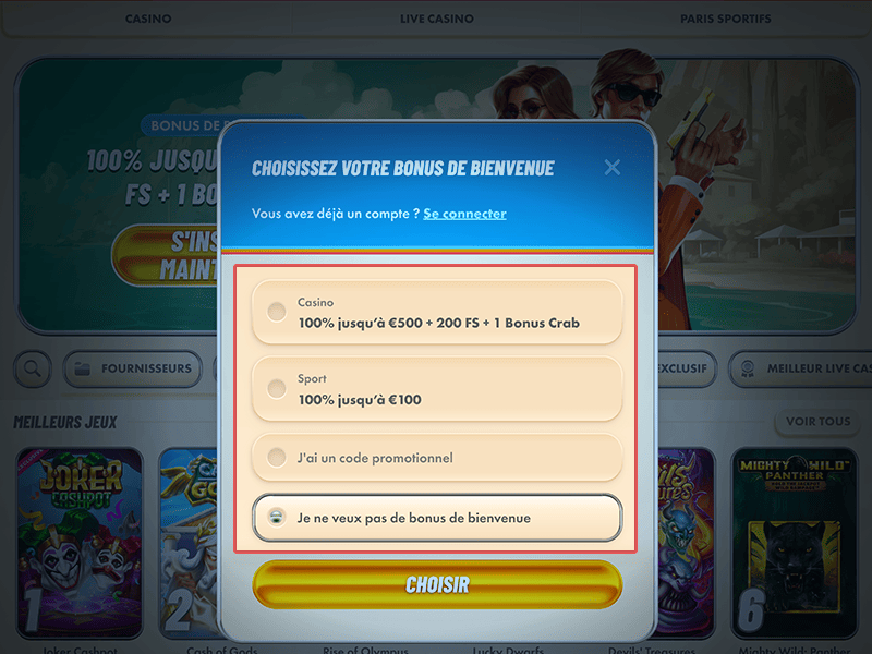 Sélectionnez un bonus de bienvenue