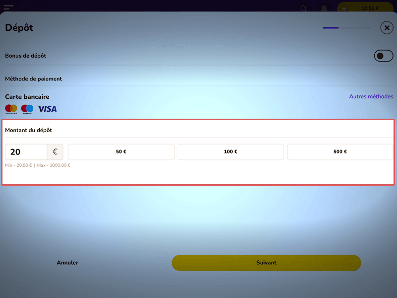 Saisissez le montant de dépôt