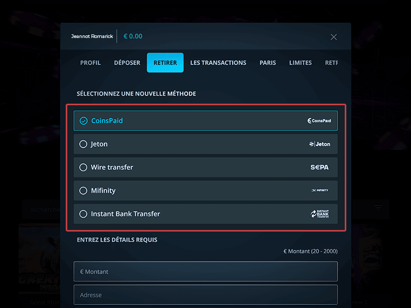 Sélectionnez une méthode de retrait