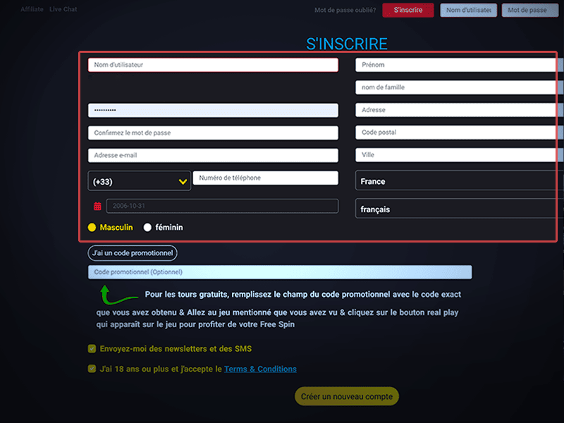Remplissez le formulaire d'inscription
